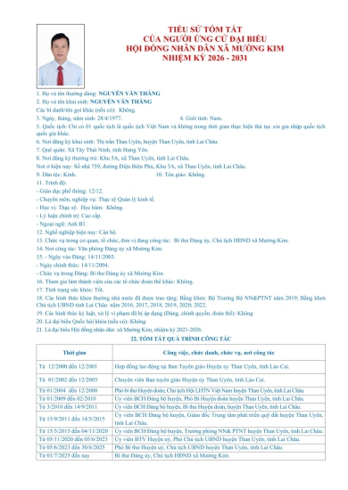 TIỂU SỬ TÓM TẮT NHỮNG NGƯỜI ỨNG CỨ ĐẠI BIỂU HĐND XÃ MƯỜNG KIM - ĐƠN VỊ BẦU CỬ SỐ 01