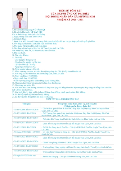 TIỂU SỬ TÓM TẮT NHỮNG NGƯỜI ỨNG CỬ ĐẠI BIỂU HĐND XÃ MƯỜNG KIM NHIỆM KỲ 2026-2031 - ĐƠN VỊ BẦU CỬ SỐ 2